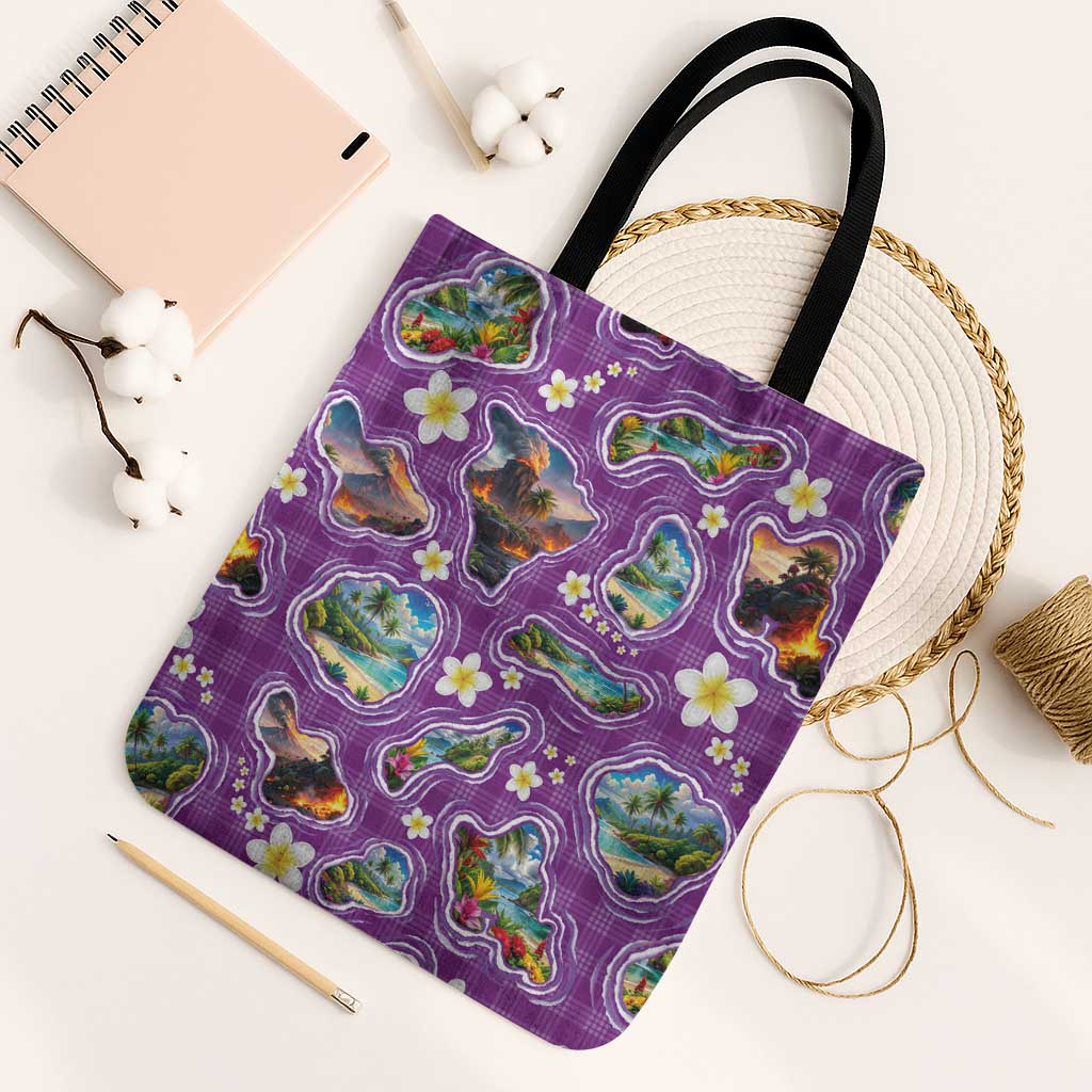 Hawaiian Island Shapes-Iconic Landscape Tote Bag with Plumeria and Palaka Purple Color LT03 Black Strap One Size Purple - Polynesian Pride
