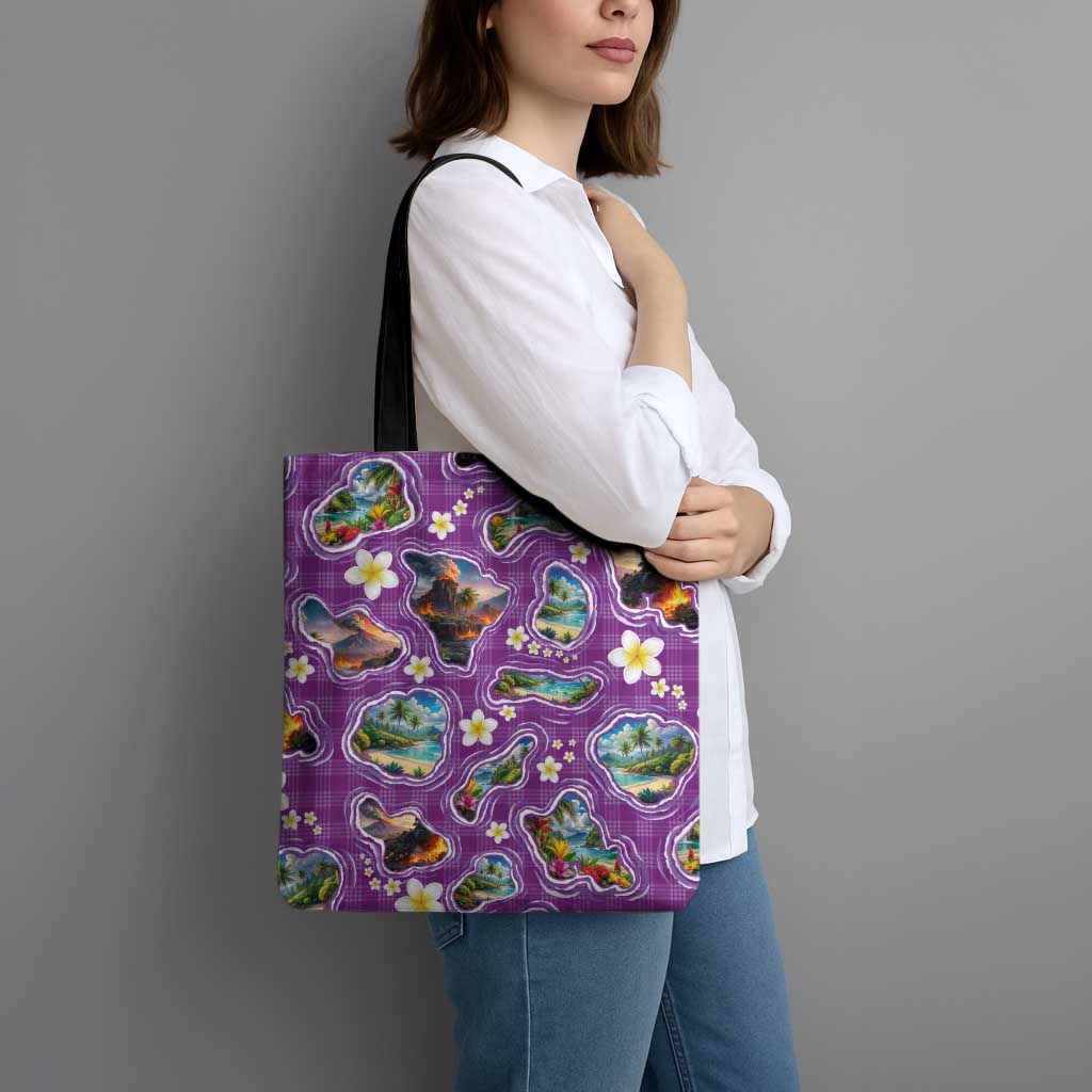 Hawaiian Island Shapes-Iconic Landscape Tote Bag with Plumeria and Palaka Purple Color LT03 - Polynesian Pride
