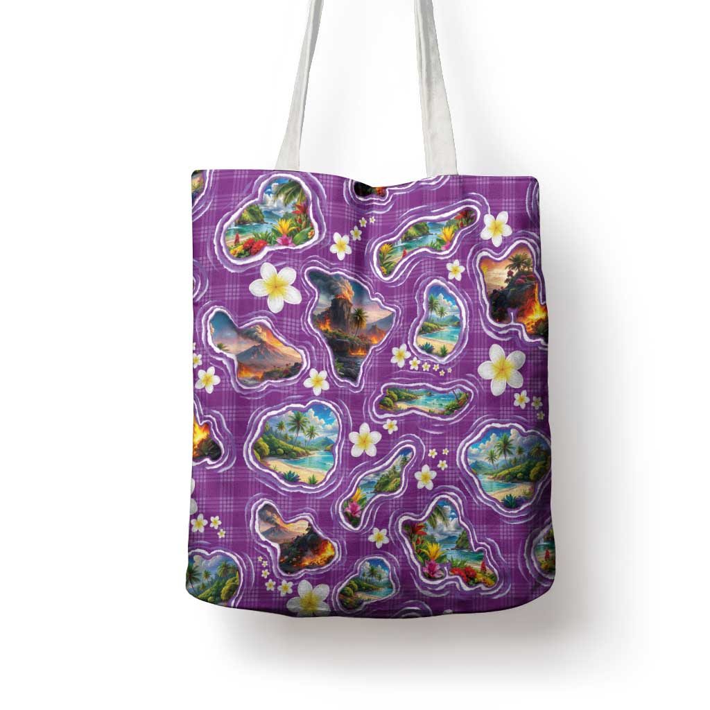 Hawaiian Island Shapes-Iconic Landscape Tote Bag with Plumeria and Palaka Purple Color LT03 - Polynesian Pride
