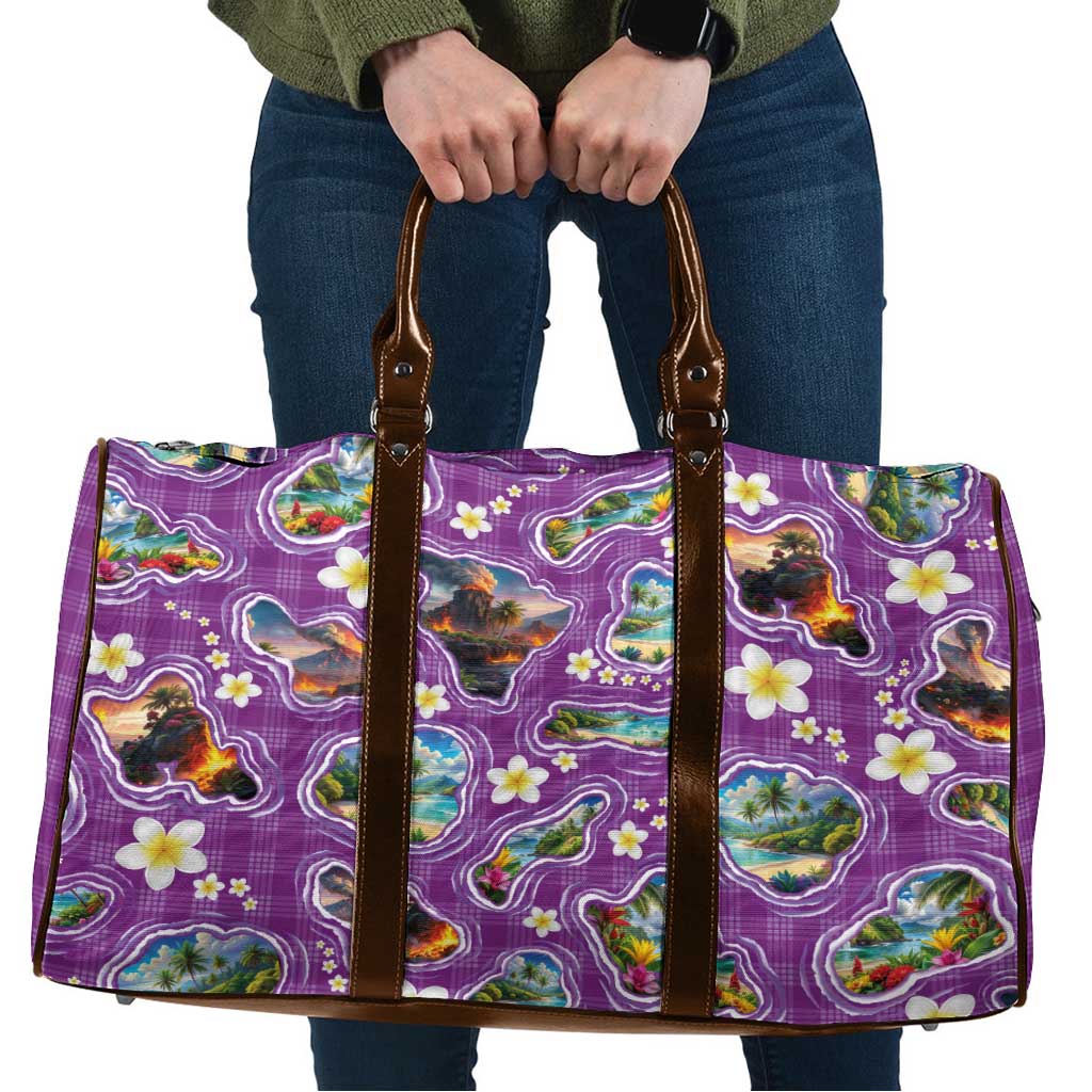 Hawaiian Island Shapes-Iconic Landscape Travel Bag with Plumeria and Palaka Purple Color LT03 Purple - Polynesian Pride