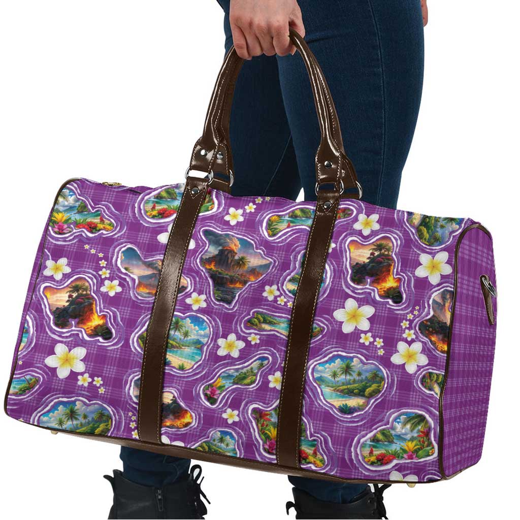 Hawaiian Island Shapes-Iconic Landscape Travel Bag with Plumeria and Palaka Purple Color LT03 - Polynesian Pride