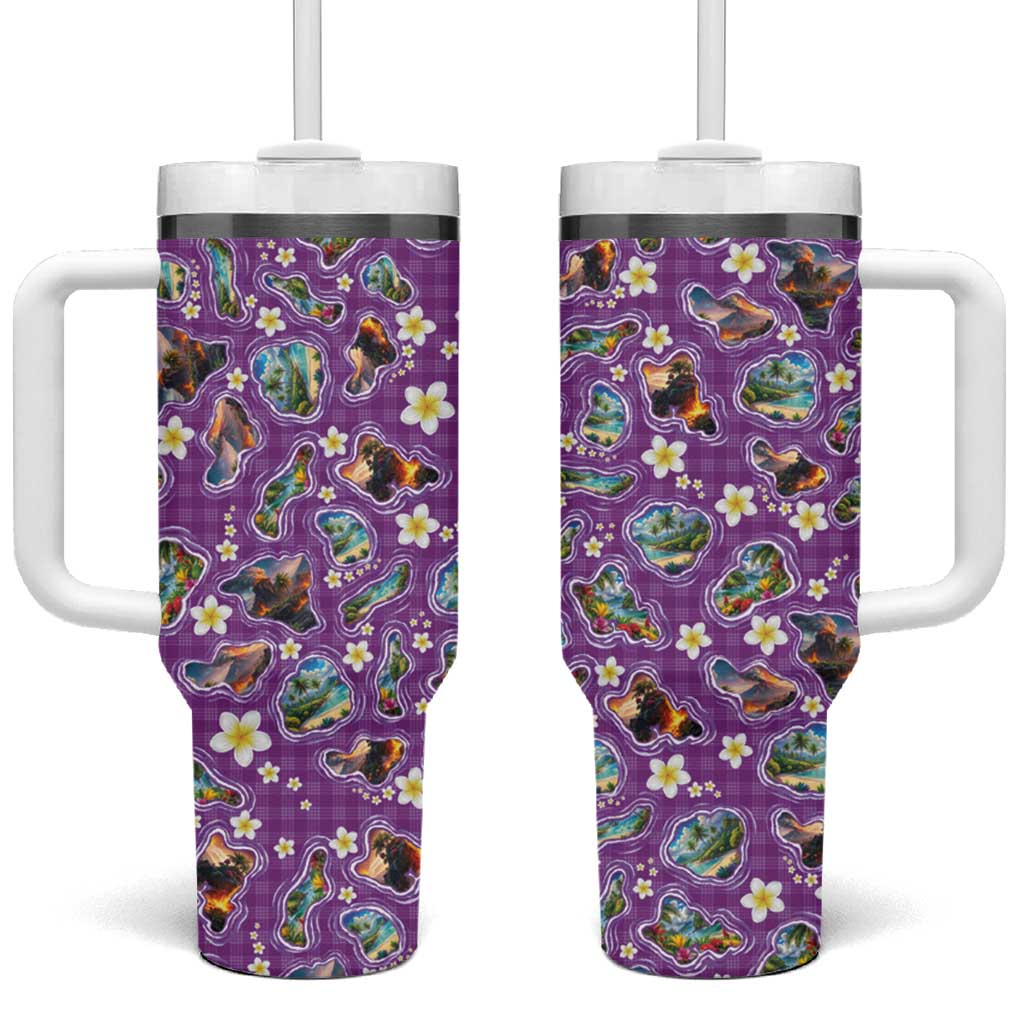Hawaiian Island Shapes-Iconic Landscape Tumbler With Handle with Plumeria and Palaka Purple Color LT03 One Size: 40 oz Purple - Polynesian Pride