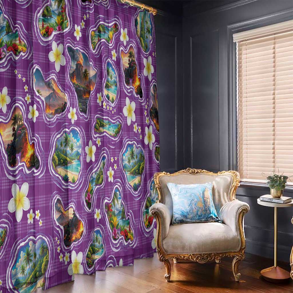 Hawaiian Island Shapes-Iconic Landscape Window Curtain with Plumeria and Palaka Purple Color