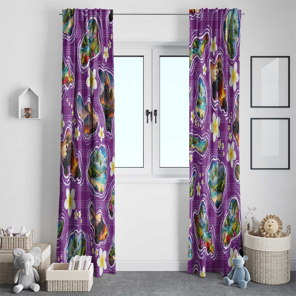 Hawaiian Island Shapes-Iconic Landscape Window Curtain with Plumeria and Palaka Purple Color