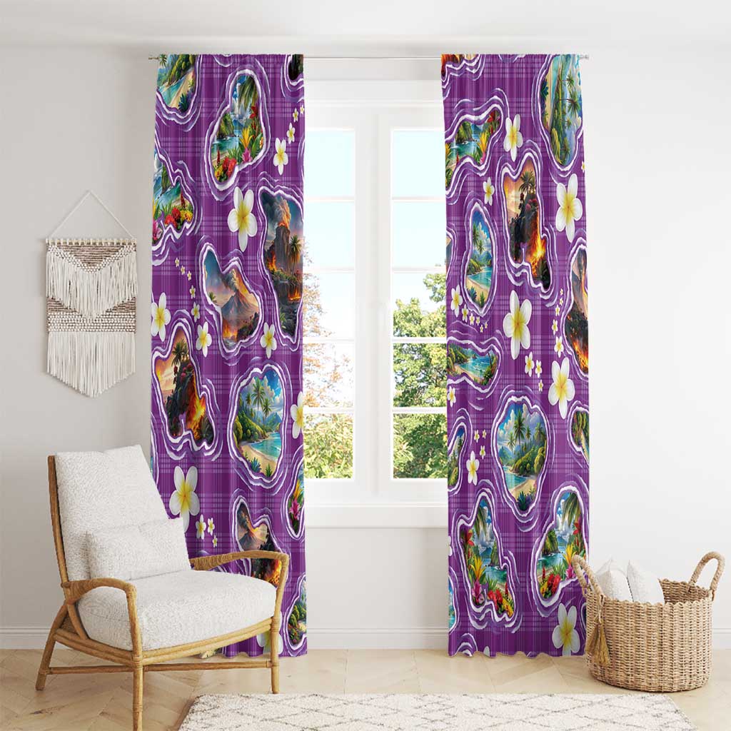 Hawaiian Island Shapes-Iconic Landscape Window Curtain with Plumeria and Palaka Purple Color