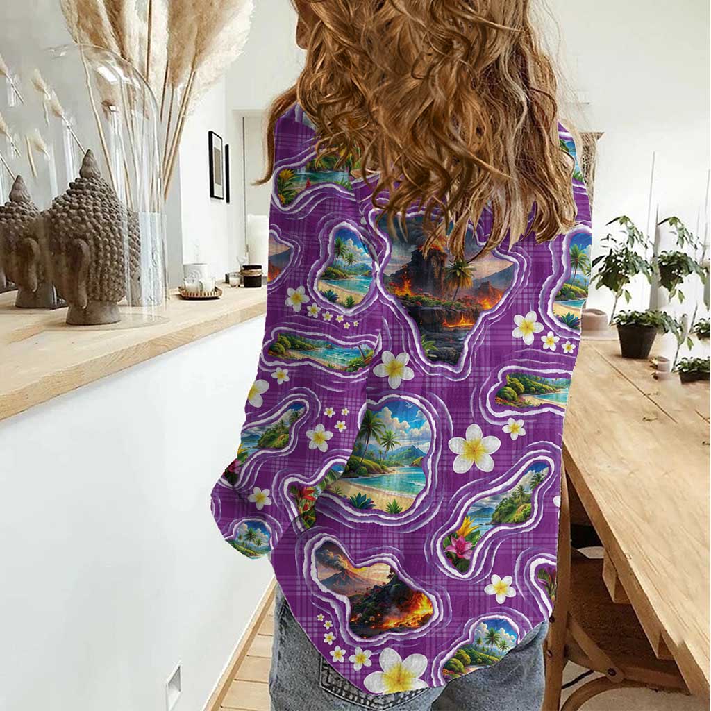 Hawaiian Island Shapes-Iconic Landscape Women Casual Shirt with Plumeria and Palaka Purple Color