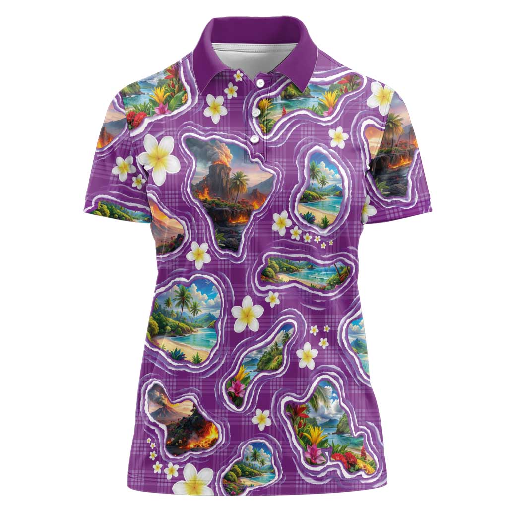 Hawaiian Island Shapes-Iconic Landscape Women Polo Shirt with Plumeria and Palaka Purple Color