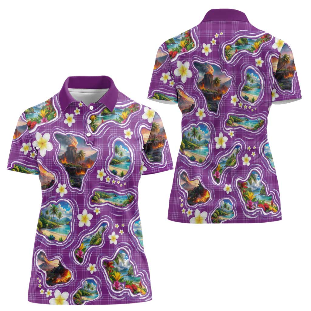 Hawaiian Island Shapes-Iconic Landscape Women Polo Shirt with Plumeria and Palaka Purple Color LT03 - Polynesian Pride
