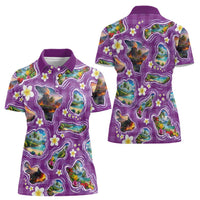 Hawaiian Island Shapes-Iconic Landscape Women Polo Shirt with Plumeria and Palaka Purple Color LT03 - Polynesian Pride