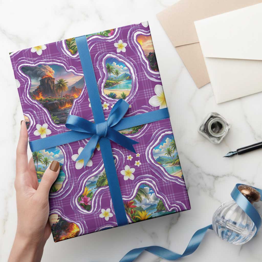 Hawaiian Island Shapes-Iconic Landscape Wrapping Paper with Plumeria and Palaka Purple Color