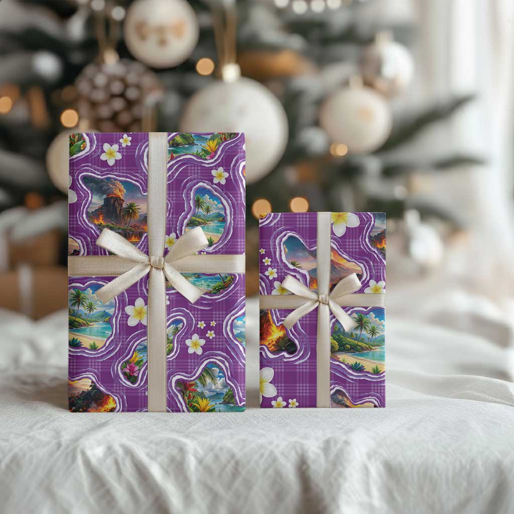 Hawaiian Island Shapes-Iconic Landscape Wrapping Paper with Plumeria and Palaka Purple Color