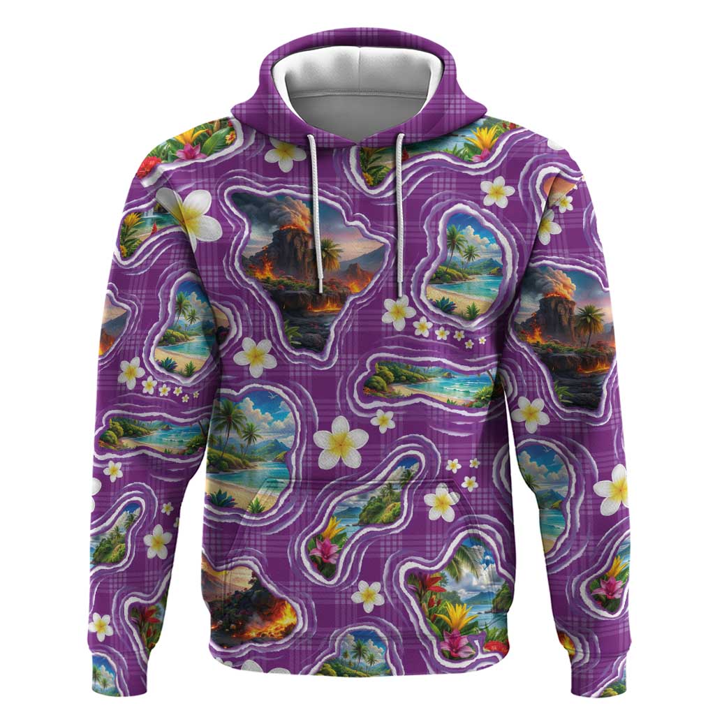 Hawaiian Island Shapes-Iconic Landscape Zip Hoodie with Plumeria and Palaka Purple Color LT03 Pullover Hoodie Purple - Polynesian Pride