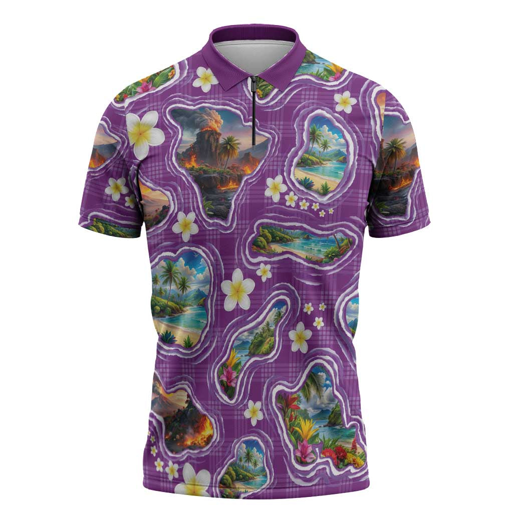 Hawaiian Island Shapes-Iconic Landscape Zipper Polo Shirt with Plumeria and Palaka Purple Color