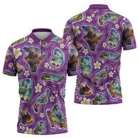 Hawaiian Island Shapes-Iconic Landscape Zipper Polo Shirt with Plumeria and Palaka Purple Color LT03 - Polynesian Pride