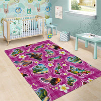Hawaiian Island Shapes-Iconic Landscape Area Rug with Plumeria and Palaka Pink Color