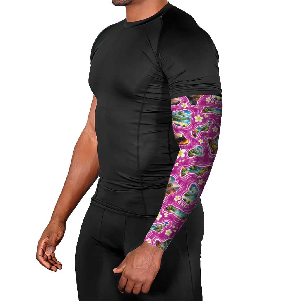 Hawaiian Island Shapes-Iconic Landscape Arm Sleeves with Plumeria and Palaka Pink Color