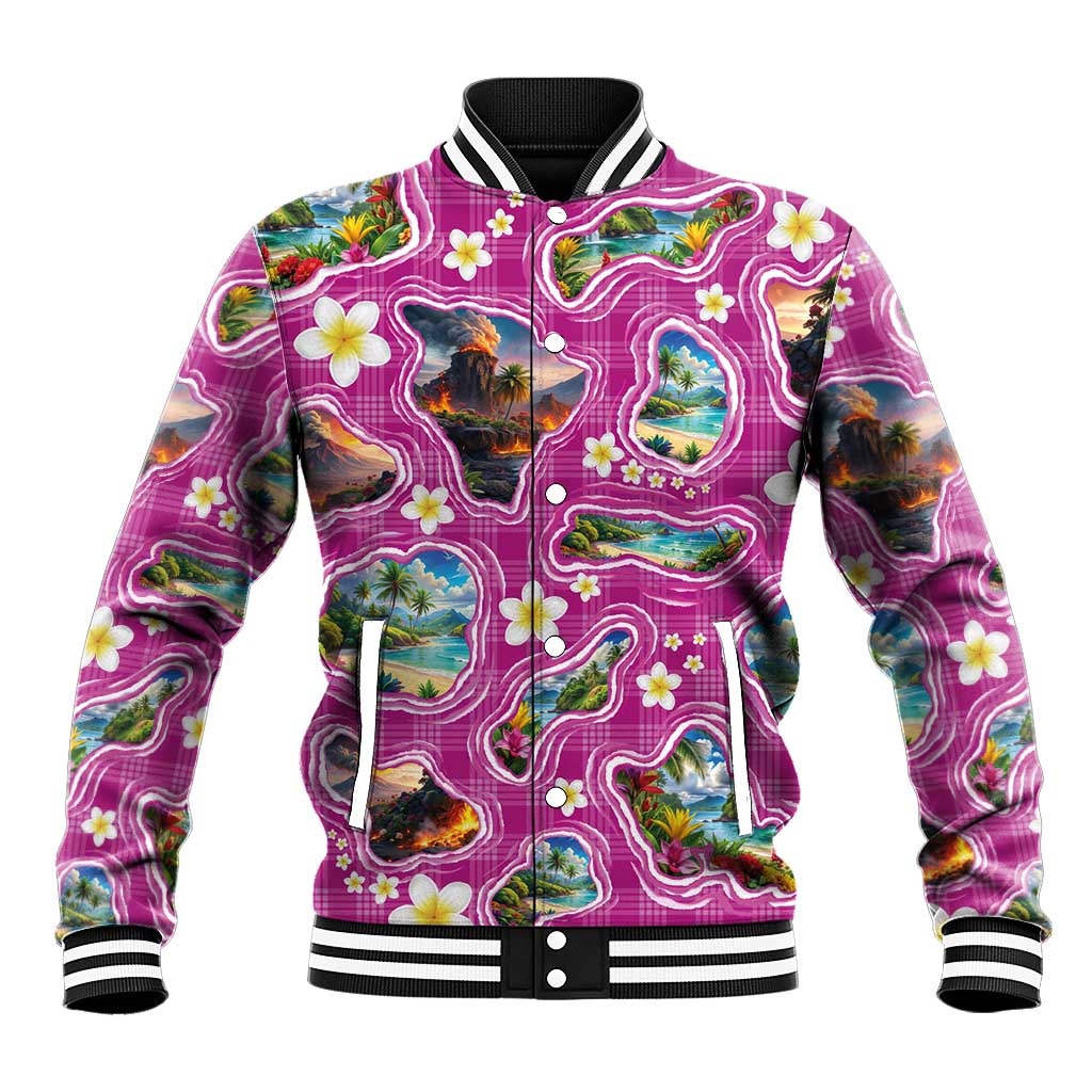 Hawaiian Island Shapes-Iconic Landscape Baseball Jacket with Plumeria and Palaka Pink Color