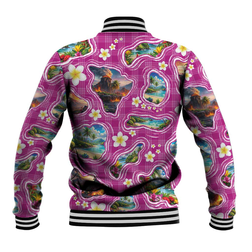 Hawaiian Island Shapes-Iconic Landscape Baseball Jacket with Plumeria and Palaka Pink Color
