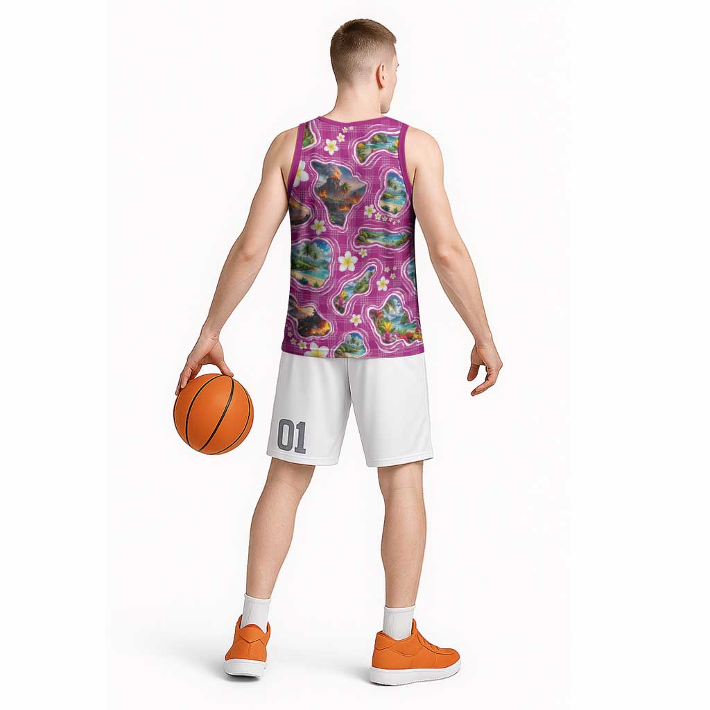 Hawaiian Island Shapes-Iconic Landscape Basketball Jersey with Plumeria and Palaka Pink Color LT03 - Polynesian Pride