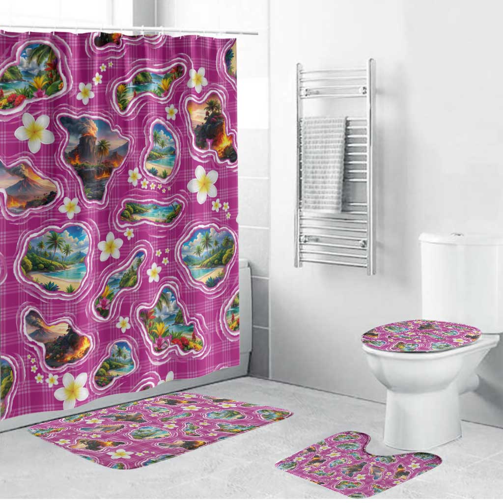 Hawaiian Island Shapes-Iconic Landscape Bathroom Set with Plumeria and Palaka Pink Color