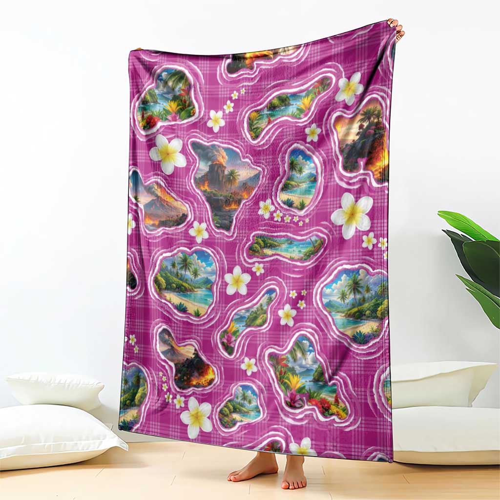 Hawaiian Island Shapes-Iconic Landscape Blanket with Plumeria and Palaka Pink Color