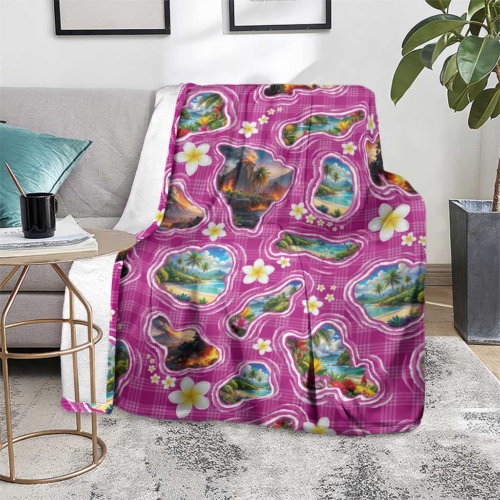 Hawaiian Island Shapes-Iconic Landscape Blanket with Plumeria and Palaka Pink Color