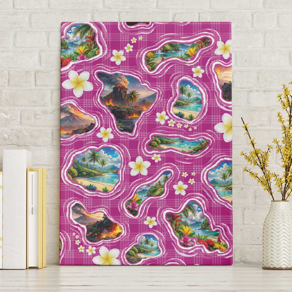 Hawaiian Island Shapes-Iconic Landscape Canvas Wall Art with Plumeria and Palaka Pink Color