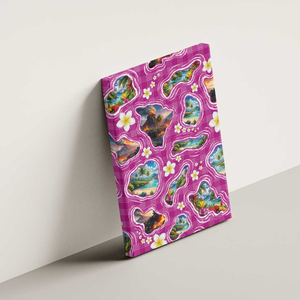 Hawaiian Island Shapes-Iconic Landscape Canvas Wall Art with Plumeria and Palaka Pink Color