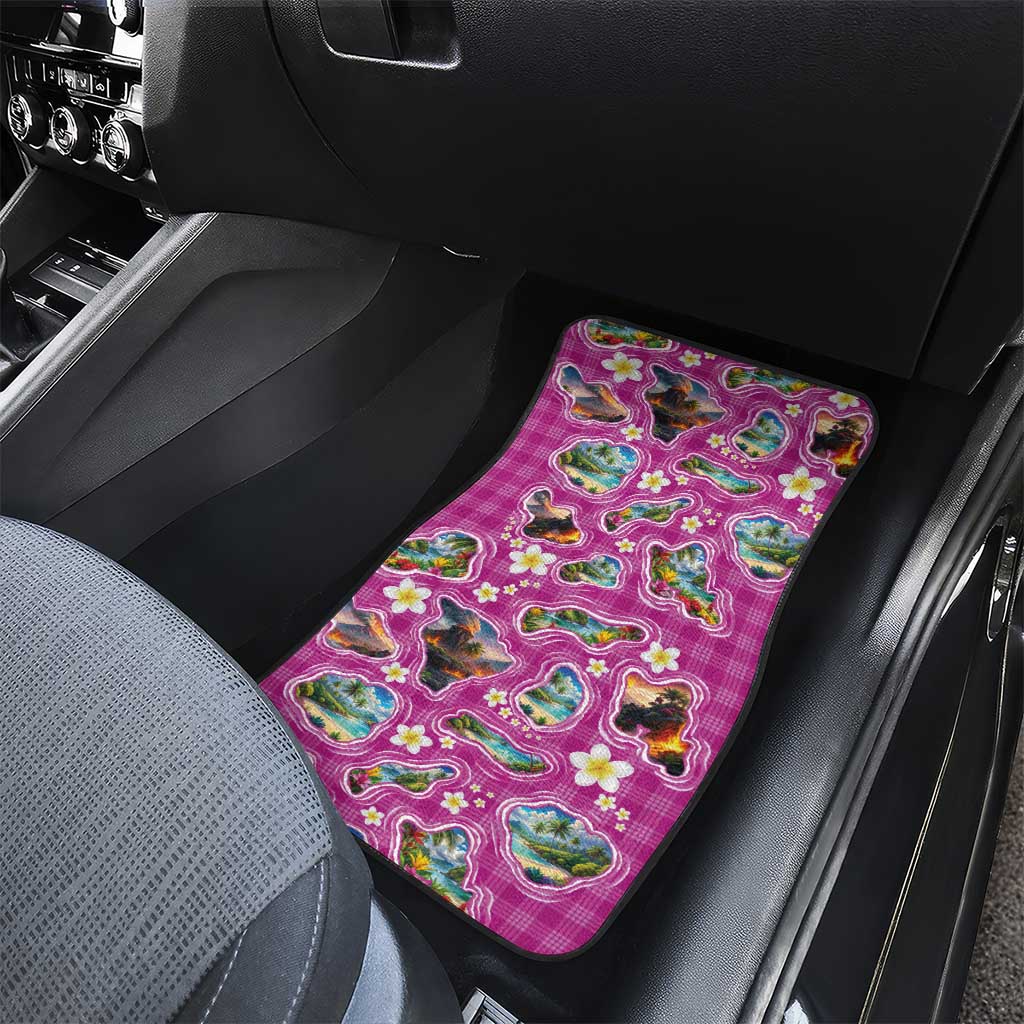 Hawaiian Island Shapes-Iconic Landscape Car Mats with Plumeria and Palaka Pink Color