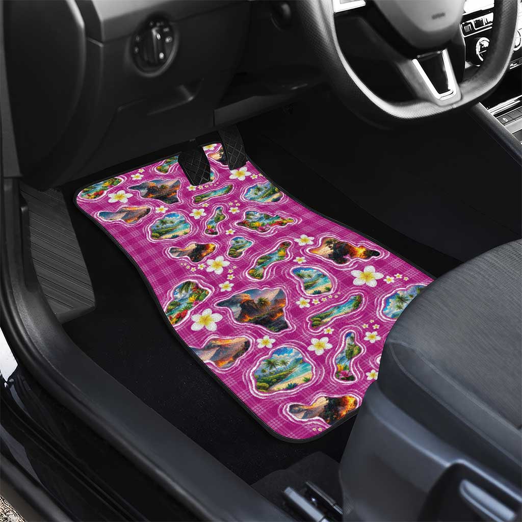 Hawaiian Island Shapes-Iconic Landscape Car Mats with Plumeria and Palaka Pink Color