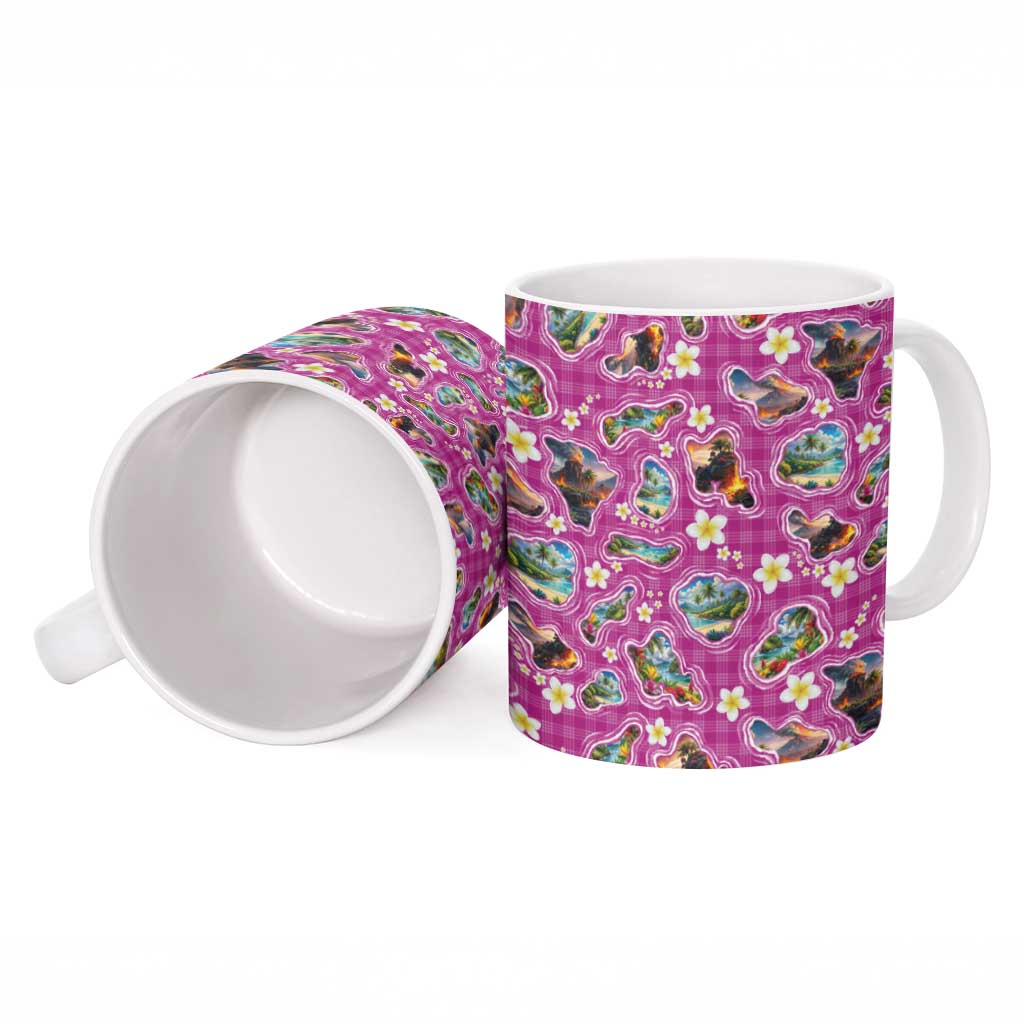 Hawaiian Island Shapes-Iconic Landscape Ceramic Mug with Plumeria and Palaka Pink Color