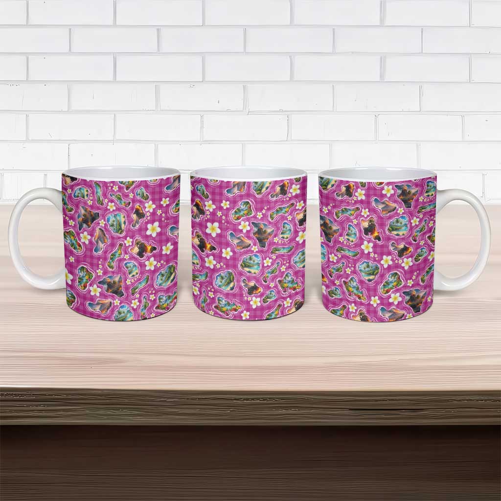 Hawaiian Island Shapes-Iconic Landscape Ceramic Mug with Plumeria and Palaka Pink Color