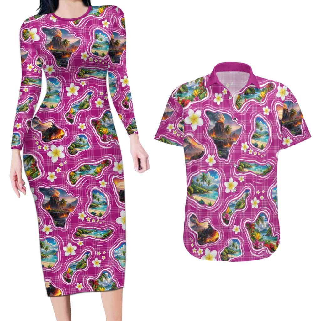 Hawaiian Island Shapes-Iconic Landscape Couples Matching Long Sleeve Bodycon Dress and Hawaiian Shirt with Plumeria and Palaka Pink Color