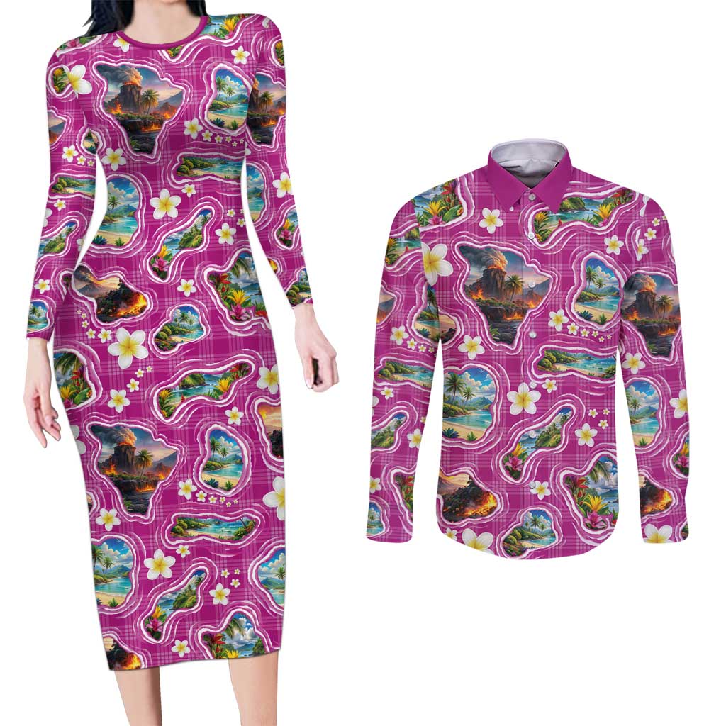 Hawaiian Island Shapes-Iconic Landscape Couples Matching Long Sleeve Bodycon Dress and Long Sleeve Button Shirt with Plumeria and Palaka Pink Color