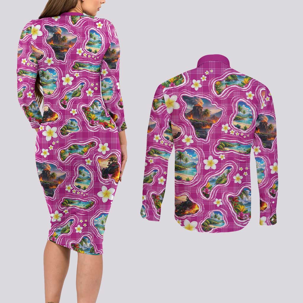 Hawaiian Island Shapes-Iconic Landscape Couples Matching Long Sleeve Bodycon Dress and Long Sleeve Button Shirt with Plumeria and Palaka Pink Color LT03 - Polynesian Pride