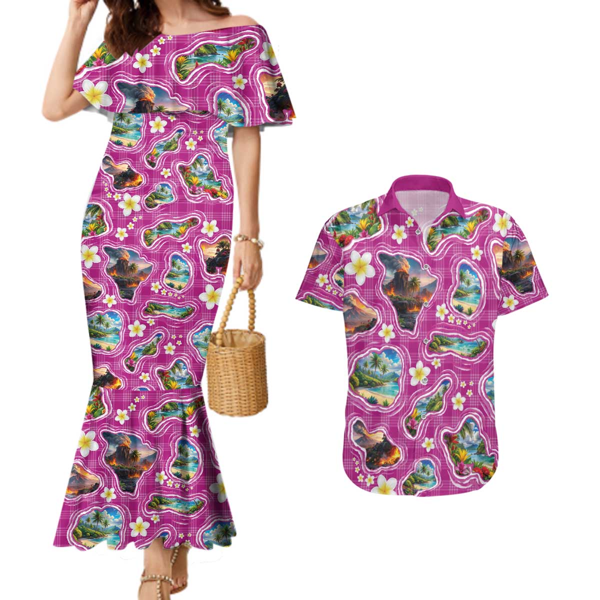 Hawaiian Island Shapes-Iconic Landscape Couples Matching Mermaid Dress and Hawaiian Shirt with Plumeria and Palaka Pink Color