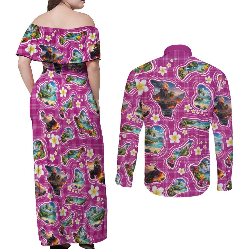 Hawaiian Island Shapes-Iconic Landscape Couples Matching Off Shoulder Maxi Dress and Long Sleeve Button Shirt with Plumeria and Palaka Pink Color LT03 - Polynesian Pride