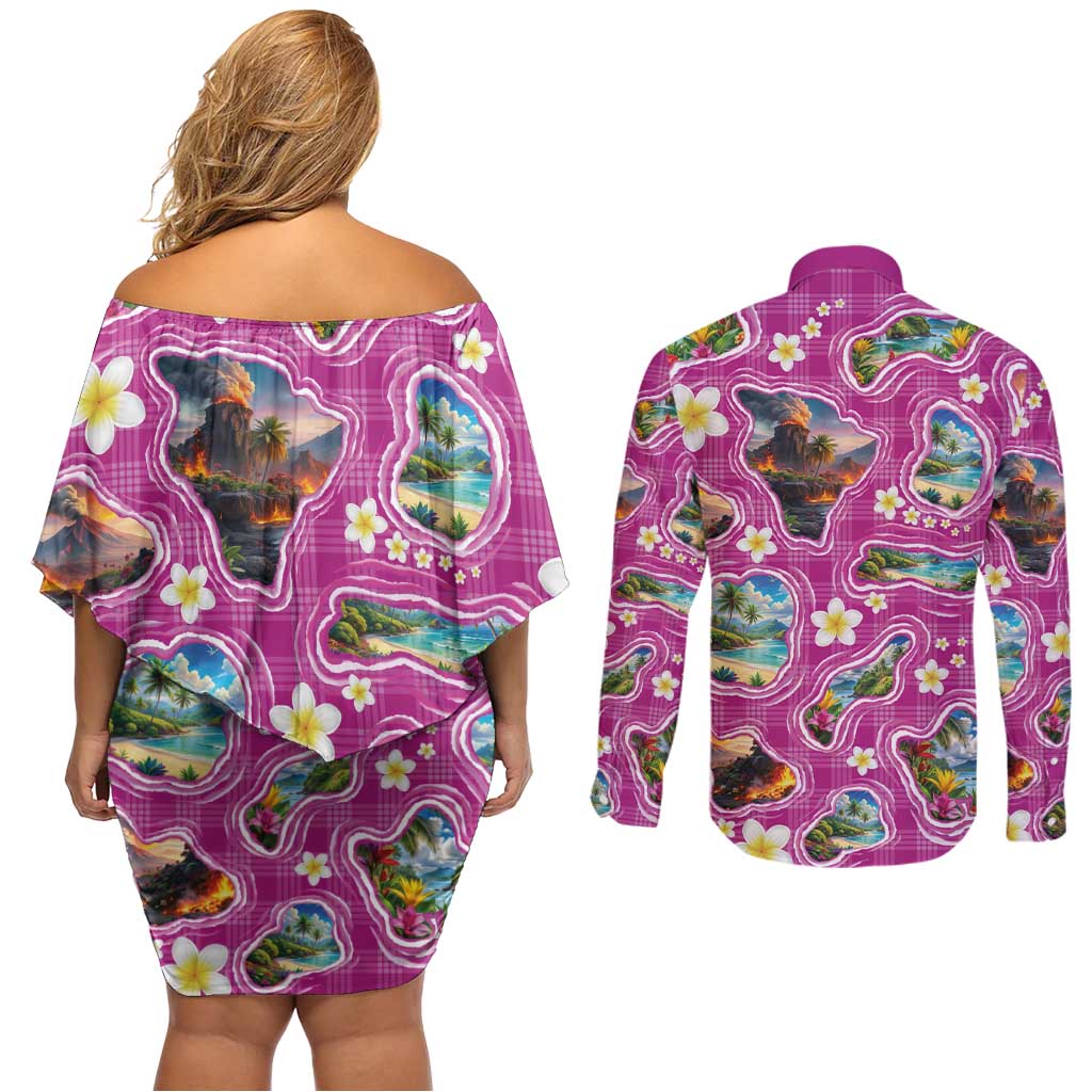 Hawaiian Island Shapes-Iconic Landscape Couples Matching Off Shoulder Short Dress and Long Sleeve Button Shirt with Plumeria and Palaka Pink Color LT03 - Polynesian Pride