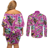 Hawaiian Island Shapes-Iconic Landscape Couples Matching Off Shoulder Short Dress and Long Sleeve Button Shirt with Plumeria and Palaka Pink Color LT03 - Polynesian Pride