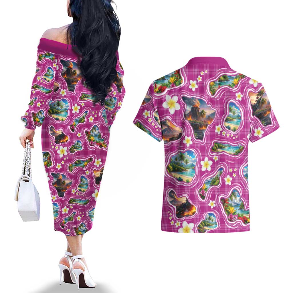 Hawaiian Island Shapes-Iconic Landscape Couples Matching Off The Shoulder Long Sleeve Dress and Hawaiian Shirt with Plumeria and Palaka Pink Color LT03 - Polynesian Pride