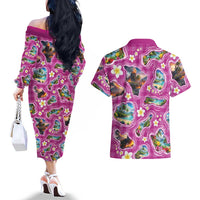 Hawaiian Island Shapes-Iconic Landscape Couples Matching Off The Shoulder Long Sleeve Dress and Hawaiian Shirt with Plumeria and Palaka Pink Color LT03 - Polynesian Pride