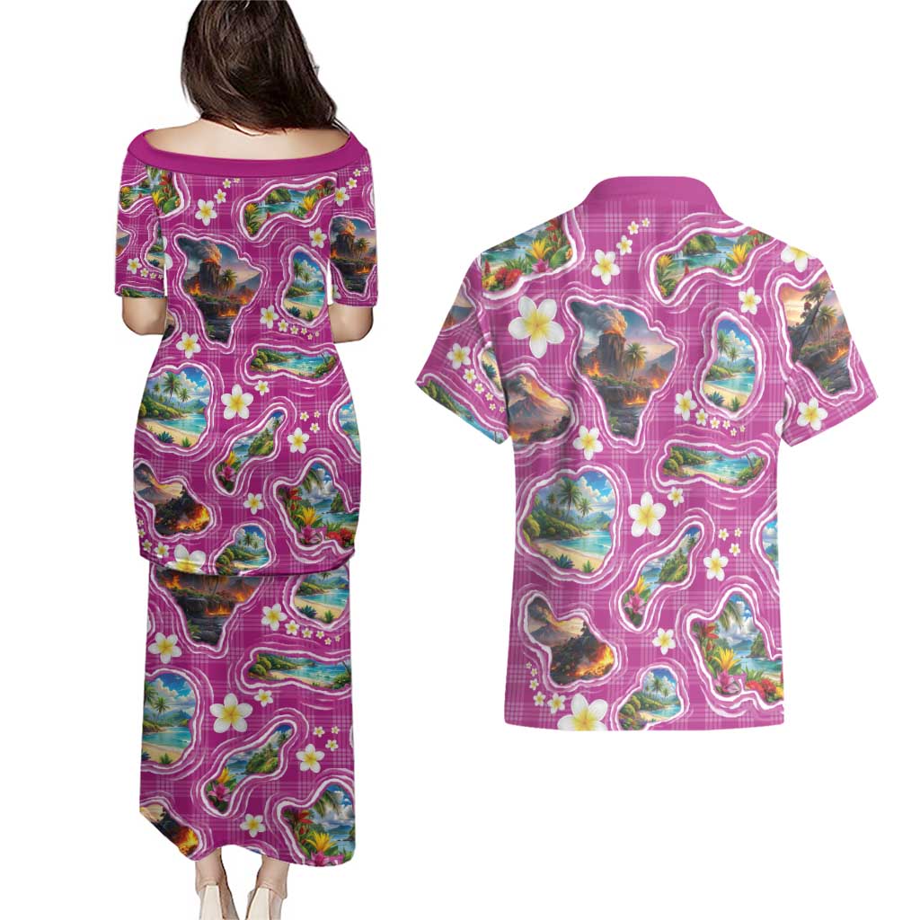 Hawaiian Island Shapes-Iconic Landscape Couples Matching Puletasi and Hawaiian Shirt with Plumeria and Palaka Pink Color LT03 - Polynesian Pride