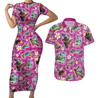 Hawaiian Island Shapes-Iconic Landscape Couples Matching Short Sleeve Bodycon Dress and Hawaiian Shirt with Plumeria and Palaka Pink Color LT03 Pink - Polynesian Pride
