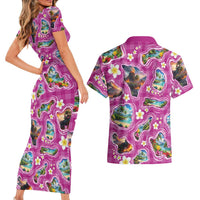 Hawaiian Island Shapes-Iconic Landscape Couples Matching Short Sleeve Bodycon Dress and Hawaiian Shirt with Plumeria and Palaka Pink Color LT03 - Polynesian Pride