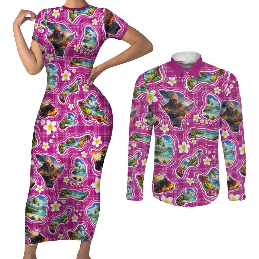 Hawaiian Island Shapes-Iconic Landscape Couples Matching Short Sleeve Bodycon Dress and Long Sleeve Button Shirt with Plumeria and Palaka Pink Color