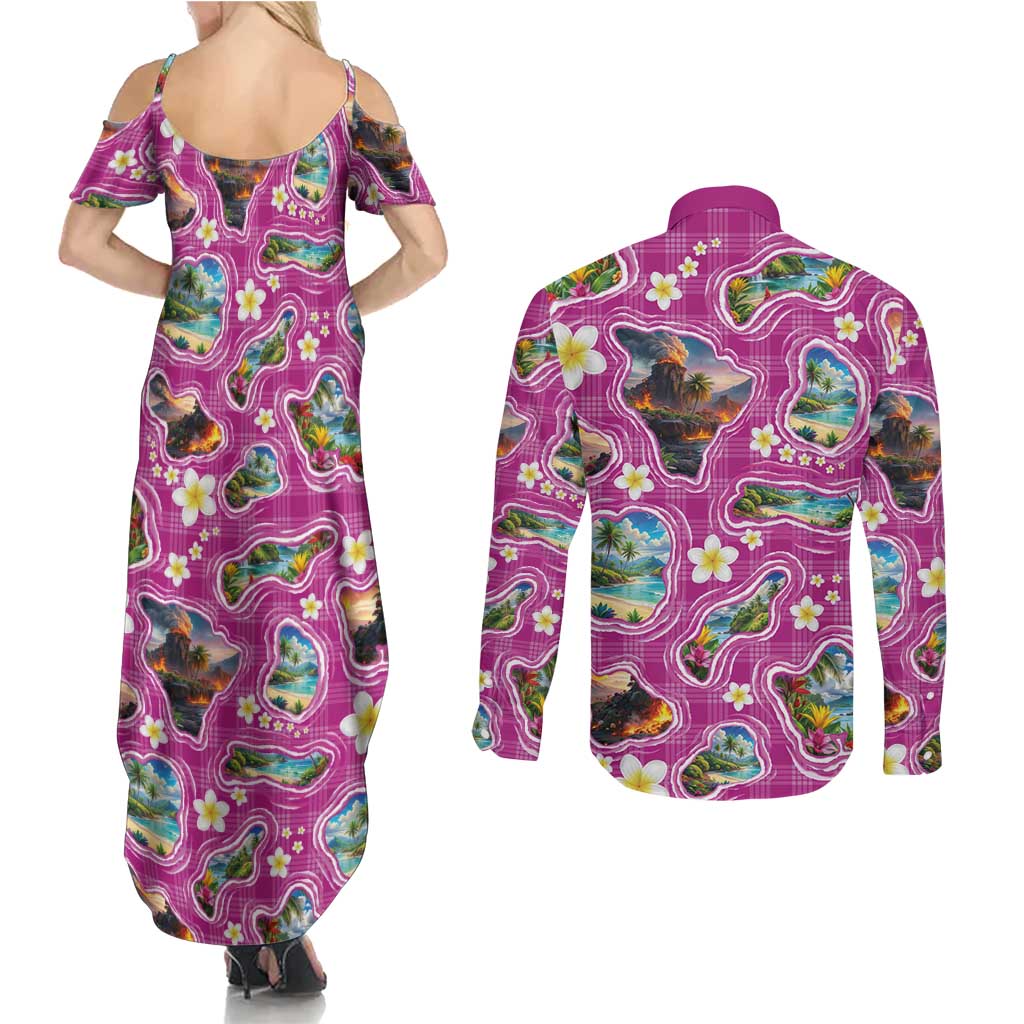 Hawaiian Island Shapes-Iconic Landscape Couples Matching Summer Maxi Dress and Long Sleeve Button Shirt with Plumeria and Palaka Pink Color LT03 - Polynesian Pride