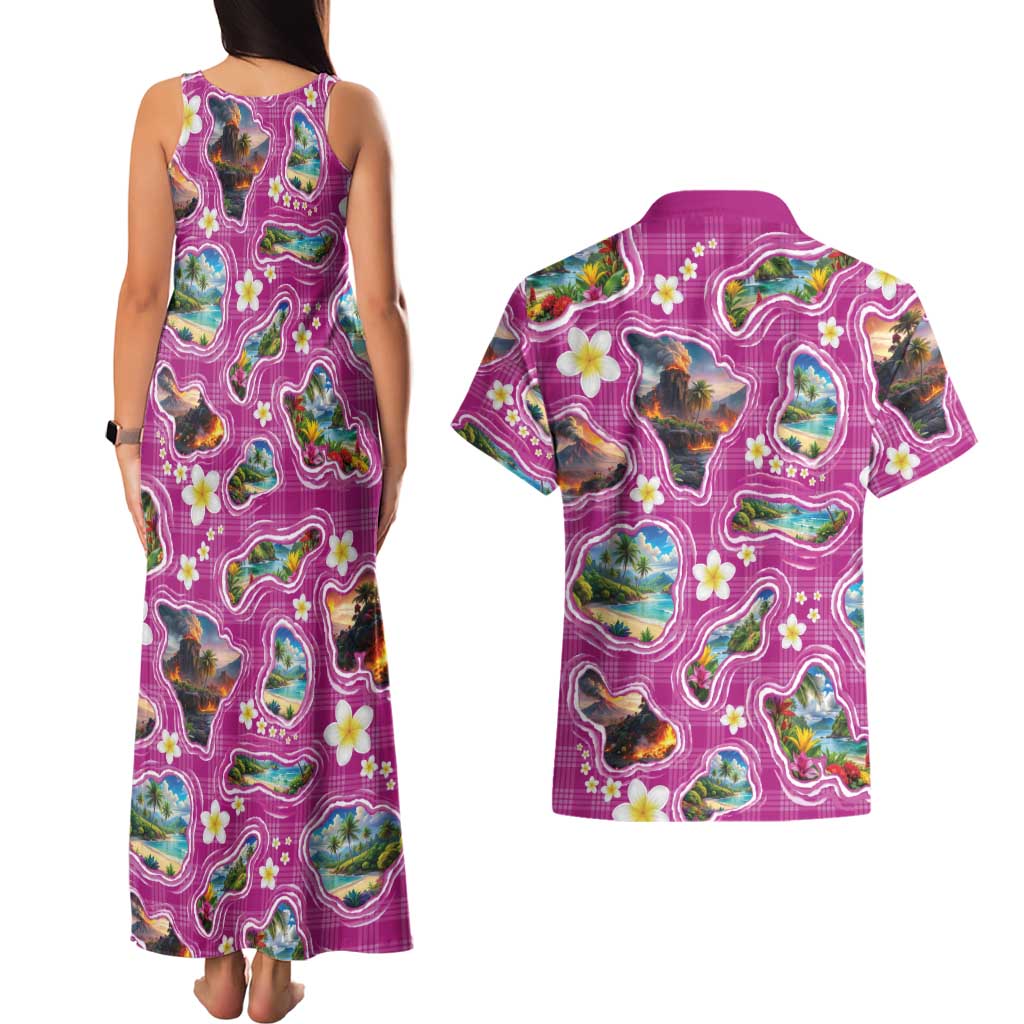 Hawaiian Island Shapes-Iconic Landscape Couples Matching Tank Maxi Dress and Hawaiian Shirt with Plumeria and Palaka Pink Color LT03 - Polynesian Pride