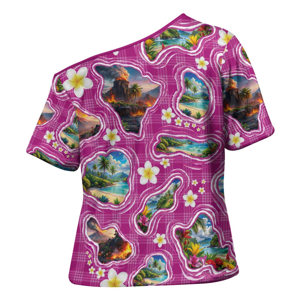 Hawaiian Island Shapes-Iconic Landscape Cross Shoulder Shirt with Plumeria and Palaka Pink Color LT03 - Polynesian Pride