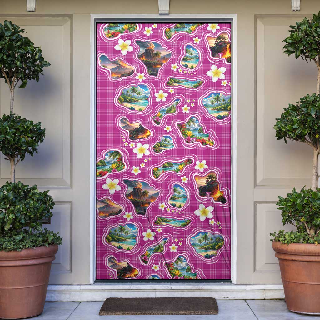 Hawaiian Island Shapes-Iconic Landscape Door Cover with Plumeria and Palaka Pink Color LT03 Pink - Polynesian Pride