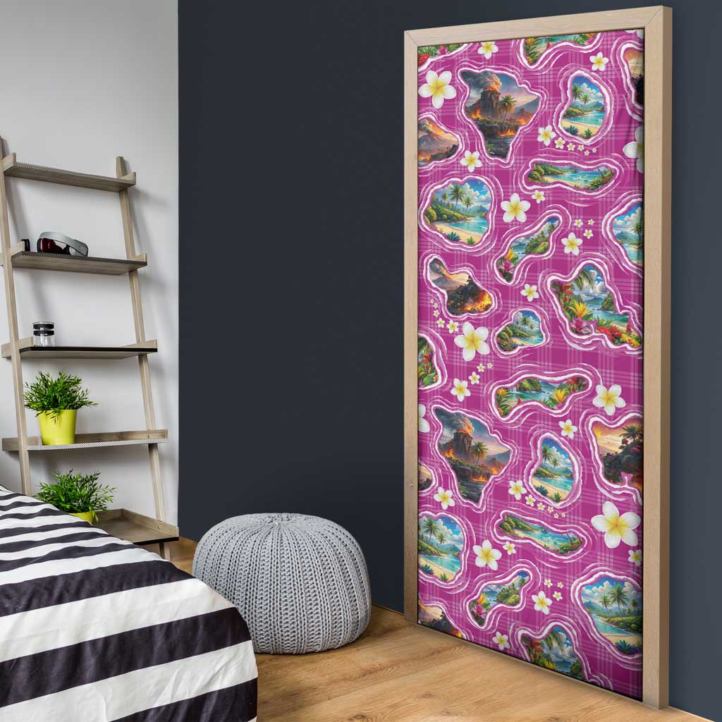 Hawaiian Island Shapes-Iconic Landscape Door Cover with Plumeria and Palaka Pink Color LT03 - Polynesian Pride